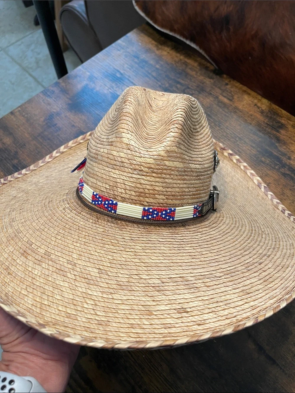 Women’s Straw Cowboy Hat with Red, Blue & White Feather - Patriotic Choncho